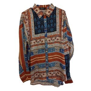 Etiquette Paisley Women Large Buttons Down Blouse Polyester Multicolor